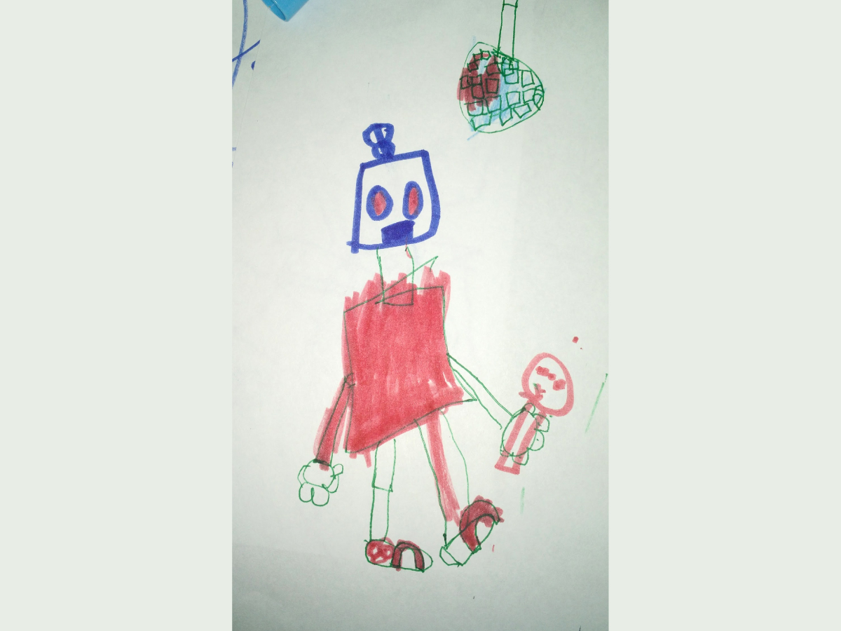 A dancing robot drawings with my son by my son