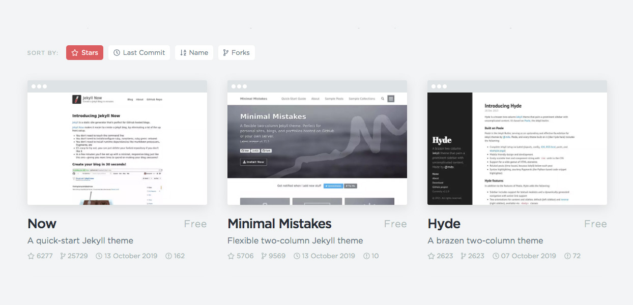 Browse free themes by stars, commits, name or forks