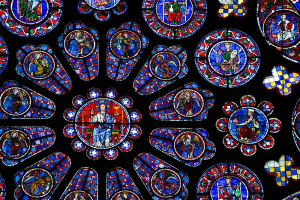 Stained glass windows in the Gothic Chartres Cathedral, France.