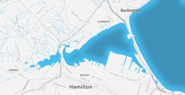 map representing part of the greater Hamilton Burlington service area