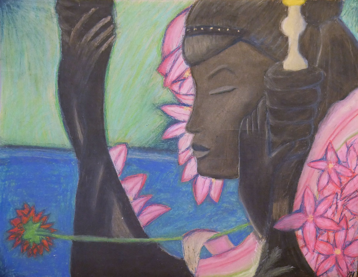 Oil pastel still life on a neutral/mid-tone drawing paper.