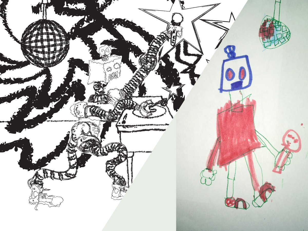 A dancing robot drawings with my son combined