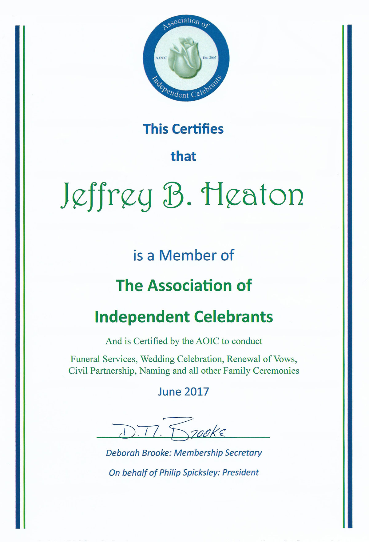 Jeff Heaton AOIC Certificate